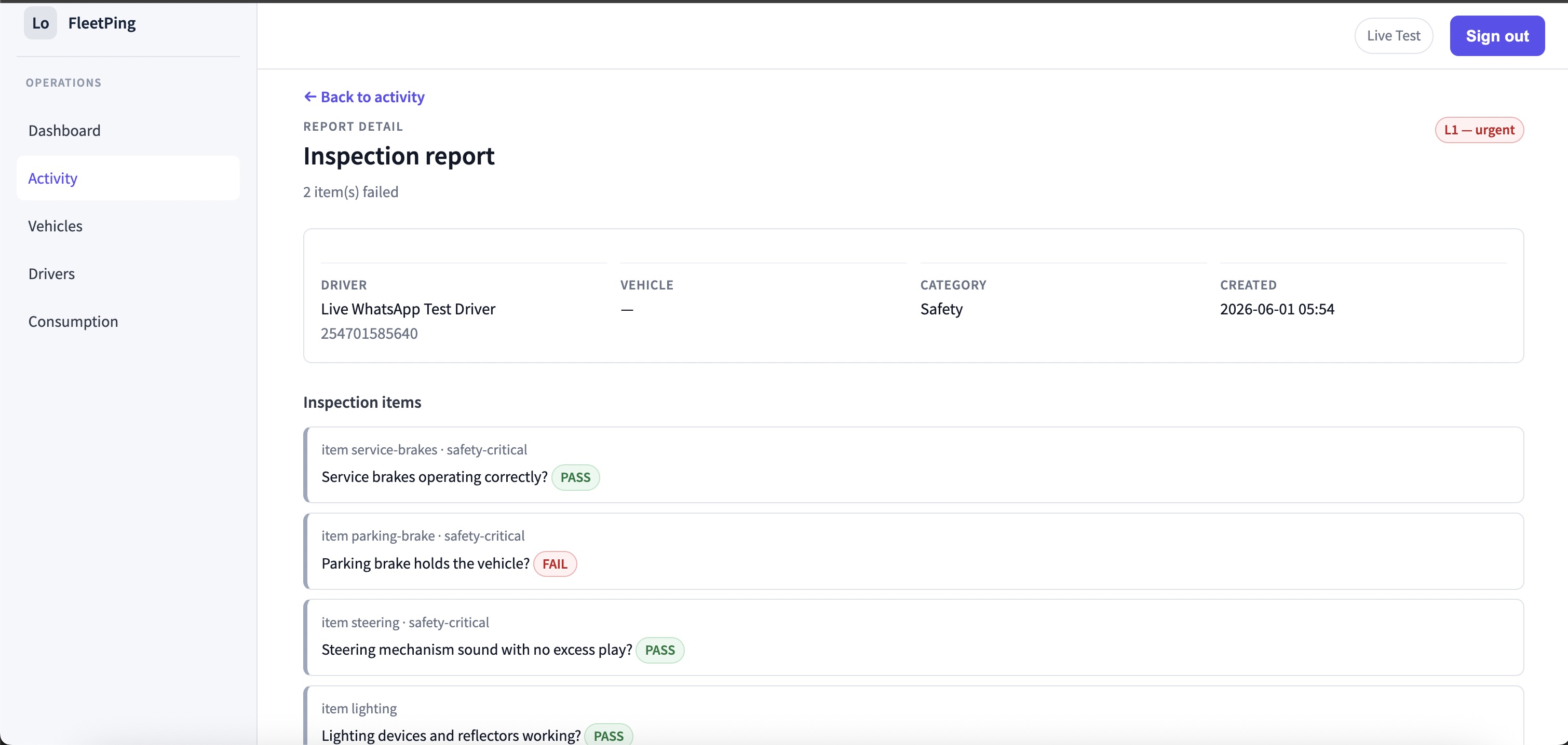 FleetPing admin dashboard showing an urgent inspection report with two failed items and driver details