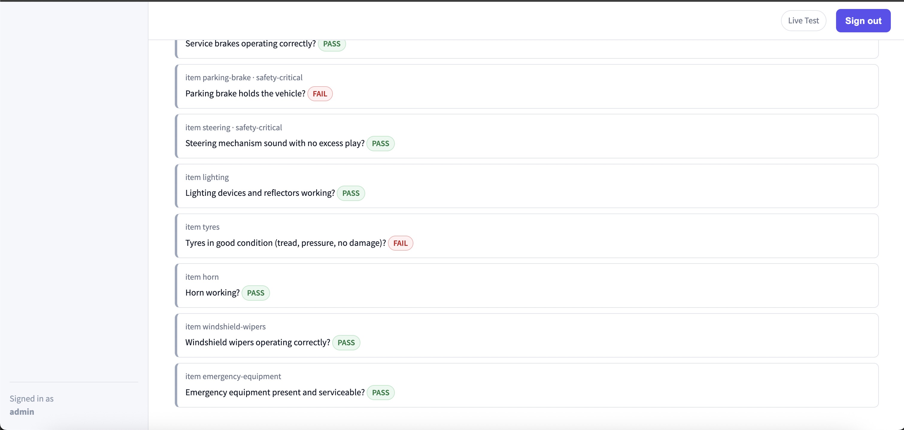 FleetPing admin dashboard showing the full inspection item list with PASS and FAIL statuses